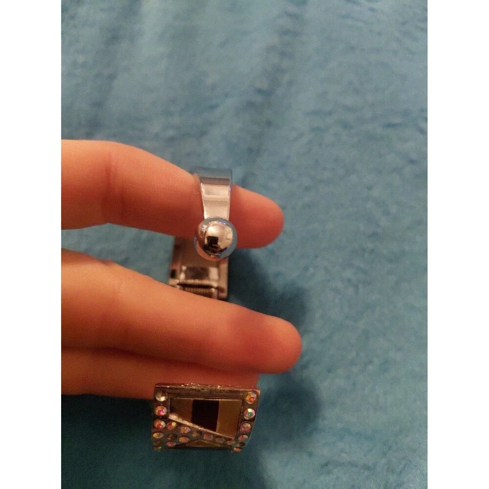 Narmi Womens Silver Tone Bling Square Hinged Cuff Bracelet Watch W/Stone Details